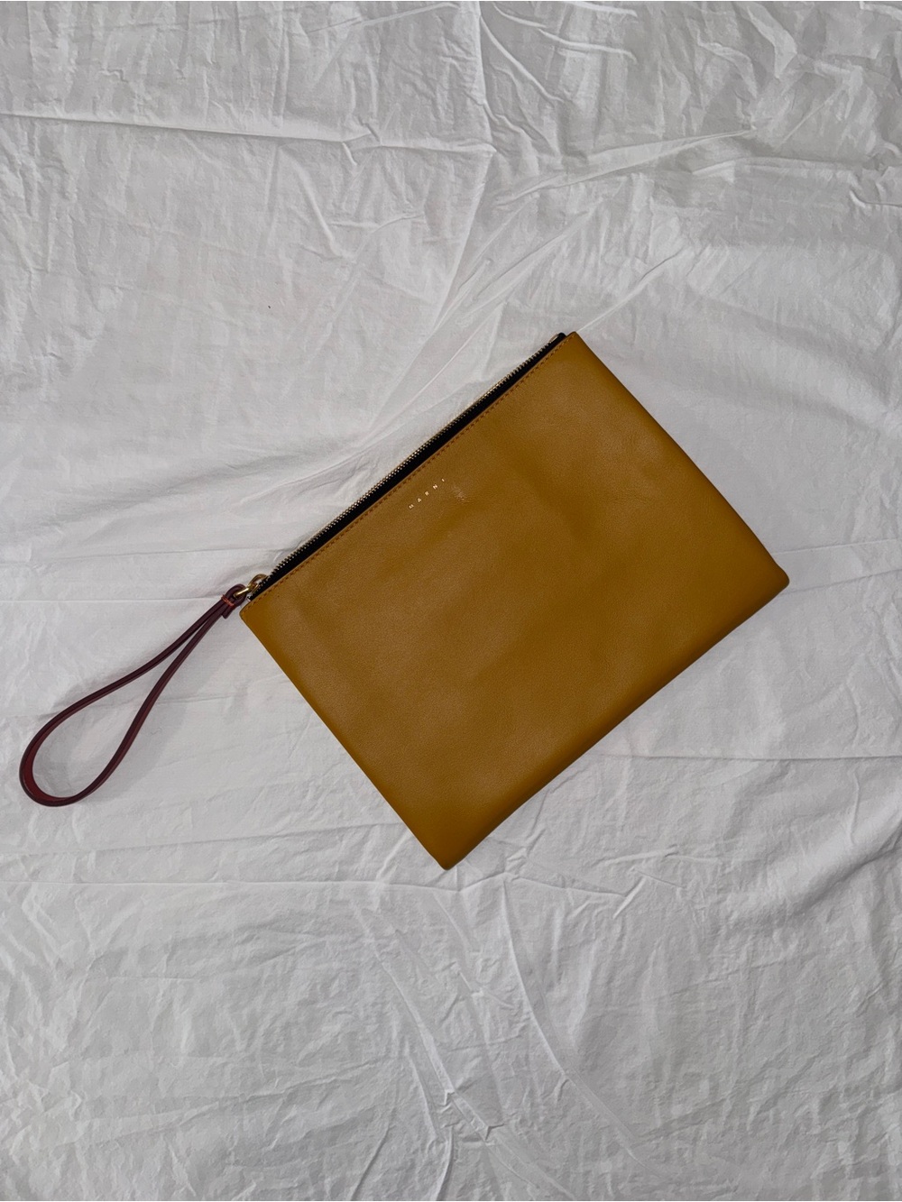 Marni Mustard Yellow Leather Wristlet Clutch with Burgundy Strap